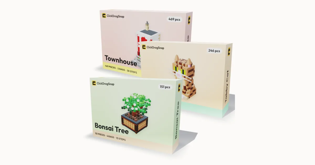 Three ClickDragSnap set boxes: a townhouse, a bonsai tree and a tabby cat