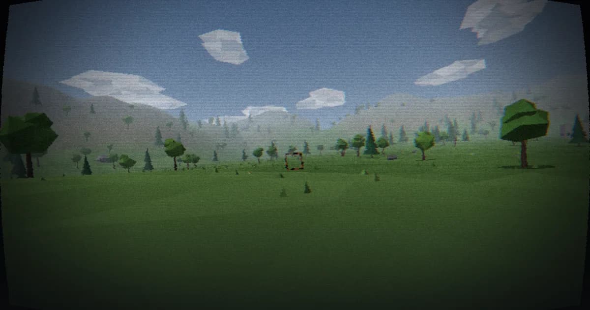 Grainy first-person drone camera view over green hills and low-poly trees